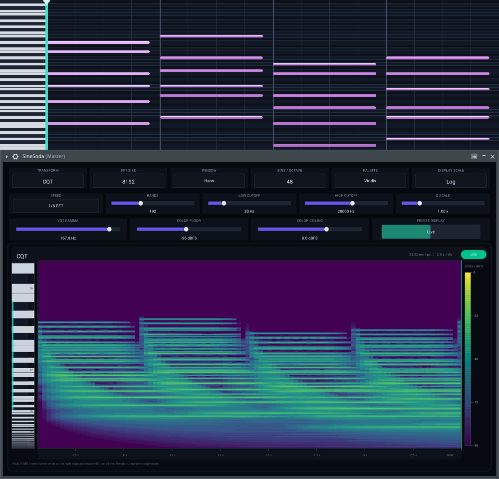 A synchronized piano-roll playhead and scrolling CQT view for four sustained extended chords