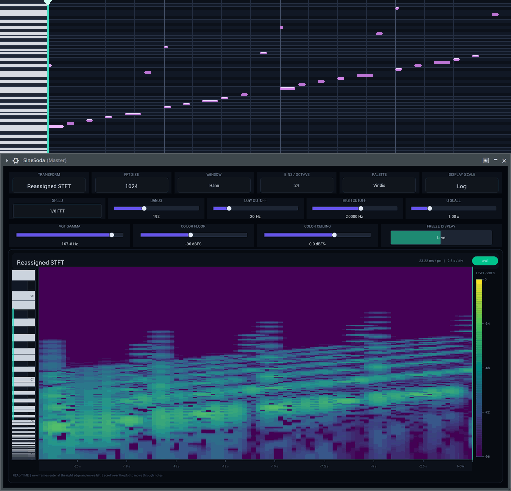A synchronized piano-roll playhead and scrolling frequency-reassigned STFT for short ascending transients