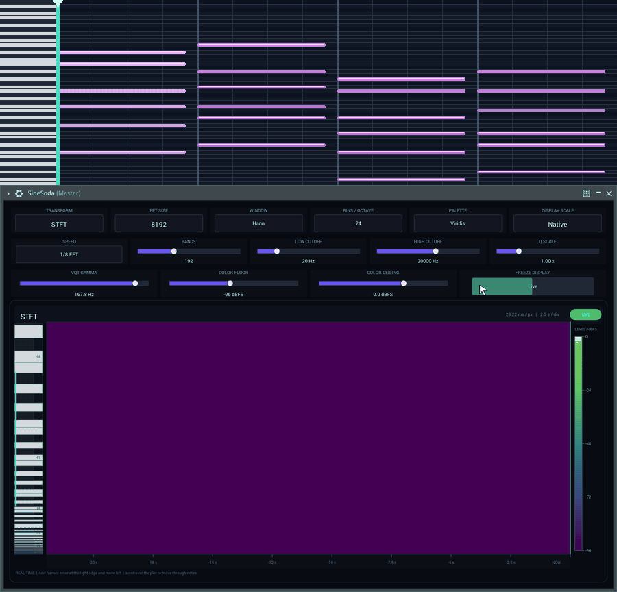 A synchronized piano roll above SineSoda while Native and Linear domains are dragged vertically and Log remains fixed